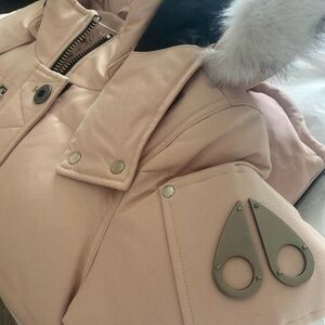 Moose Knuckles Light Pink Puffer Jacket with Fur Trim